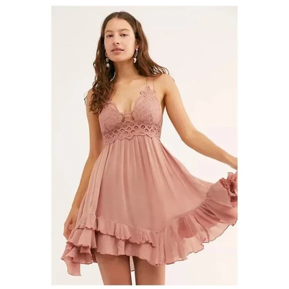 Free People FP One "Adella" Slip Mini Dress Ruffle Crochet Lace Tiered Small - Picture 2 of 5